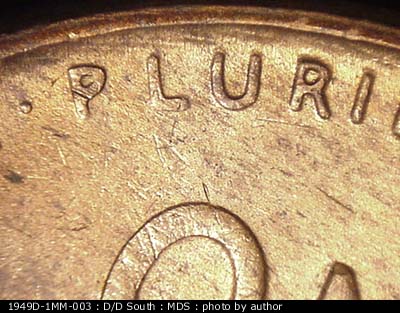 Die-stage B marker on 1949D•1MM•003 (1949 Repunched Mint Mark).
