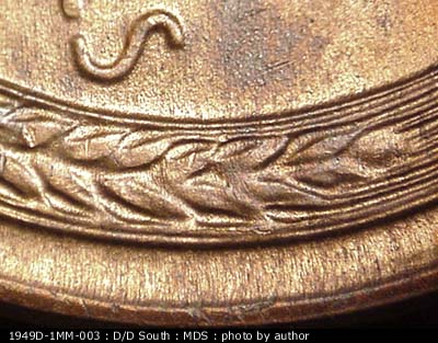 Die-stage B marker on 1949D•1MM•003 (1949 Repunched Mint Mark).