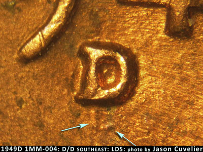 Die-stage C marker on 1949D•1MM•004 (1949 Repunched Mint Mark).