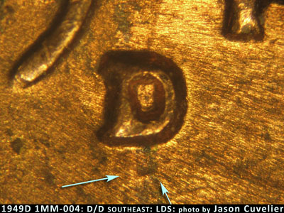 Die-stage C marker on 1949D•1MM•004 (1949 Repunched Mint Mark).