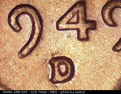 1949 Lincoln cent obverse, CopperCoins die 1949D•1MM•007.