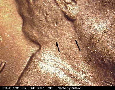 Die-stage B marker on 1949D•1MM•007 (1949 Repunched Mint Mark).