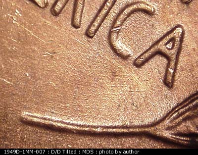 Die-stage B marker on 1949D•1MM•007 (1949 Repunched Mint Mark).