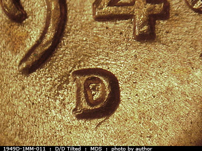 1949 Lincoln cent obverse, CopperCoins die 1949D•1MM•011.
