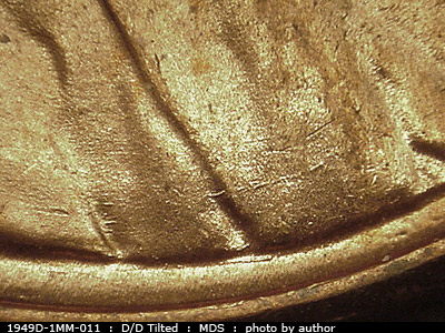 Die-stage B marker on 1949D•1MM•011 (1949 Repunched Mint Mark).