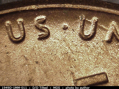 Die-stage B marker on 1949D•1MM•011 (1949 Repunched Mint Mark).