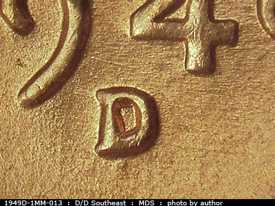 1949 Lincoln cent obverse, CopperCoins die 1949D•1MM•013.