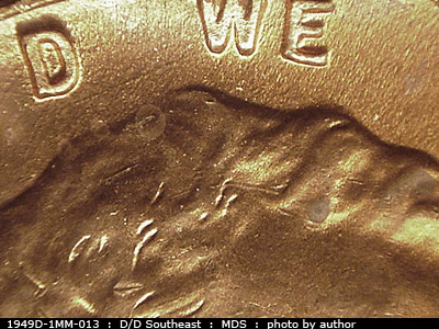 Die-stage B marker on 1949D•1MM•013 (1949 Repunched Mint Mark).