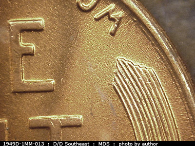 Die-stage B marker on 1949D•1MM•013 (1949 Repunched Mint Mark).