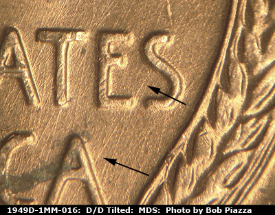 Die-stage B marker on 1949D•1MM•016 (1949 Repunched Mint Mark).
