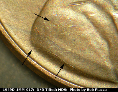 Die-stage B marker on 1949D•1MM•017 (1949 Repunched Mint Mark).