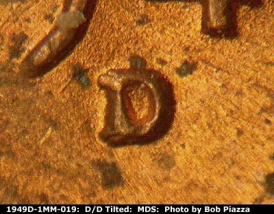 Die-stage B marker on 1949D•1MM•019 (1949 Repunched Mint Mark).