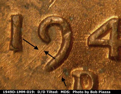 Die-stage B marker on 1949D•1MM•019 (1949 Repunched Mint Mark).