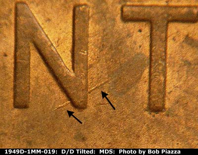 Die-stage B marker on 1949D•1MM•019 (1949 Repunched Mint Mark).