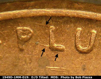 Die-stage B marker on 1949D•1MM•019 (1949 Repunched Mint Mark).