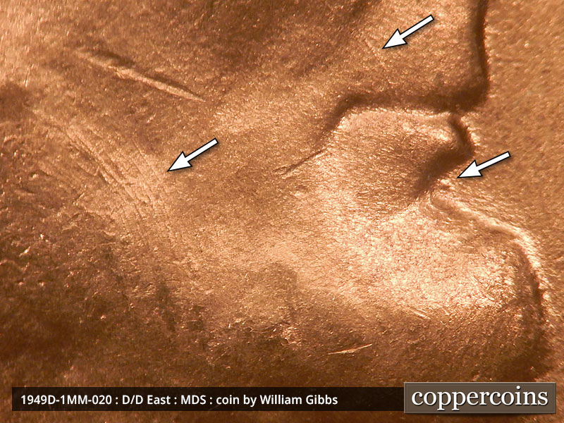 Die-stage B marker on 1949D•1MM•020 (1949 Repunched Mint Mark).