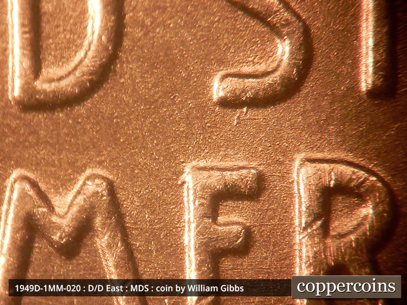 Die-stage B marker on 1949D•1MM•020 (1949 Repunched Mint Mark).