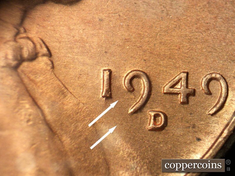Die-stage B marker on 1949D•1MM•023 (1949 Repunched Mint Mark).