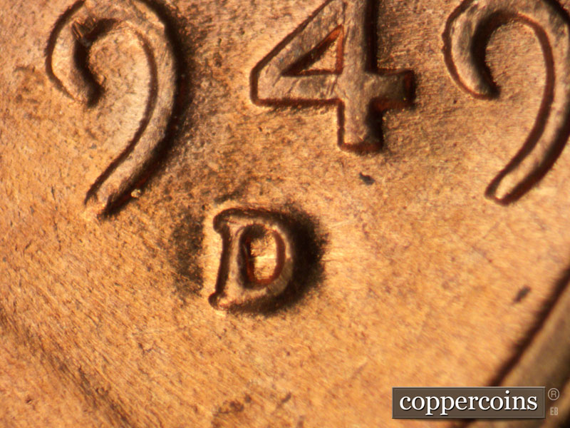 Die-stage C marker on 1949D•1MM•025 (1949 Repunched Mint Mark).