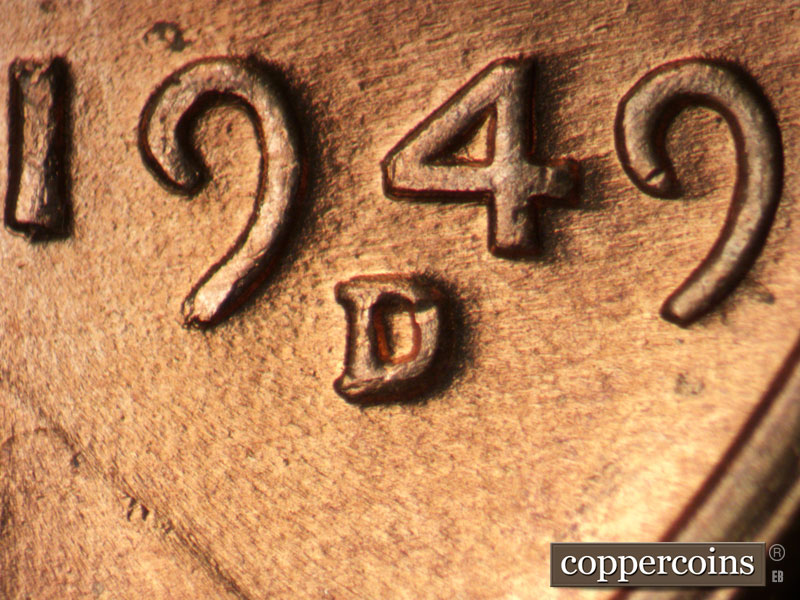 1949 Lincoln cent obverse, CopperCoins die 1949D•1MM•027.