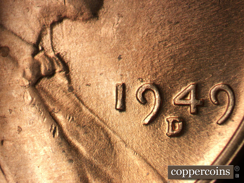 Die-stage B marker on 1949D•1MM•027 (1949 Repunched Mint Mark).