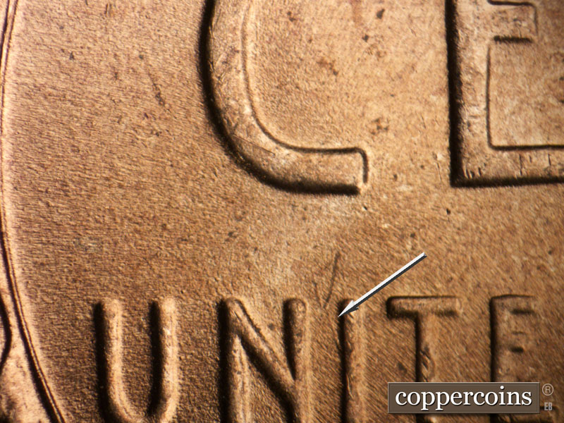 Die-stage B marker on 1949D•1MM•027 (1949 Repunched Mint Mark).