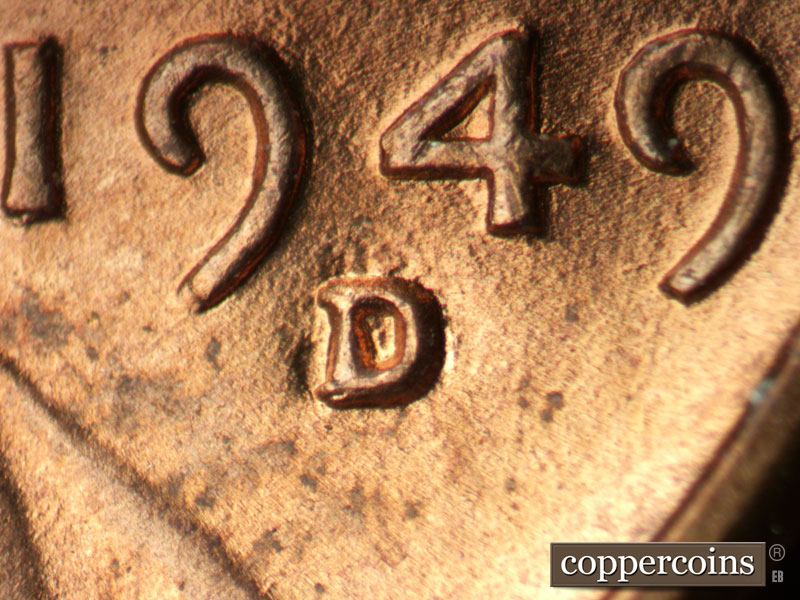 1949 Lincoln cent obverse, CopperCoins die 1949D•1MM•030.
