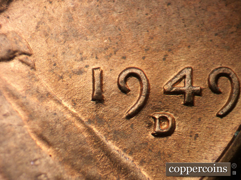 Die-stage B marker on 1949D•1MM•030 (1949 Repunched Mint Mark).