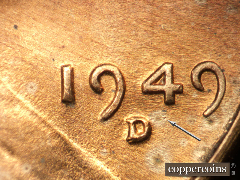 Die-stage B marker on 1949D•1MM•031 (1949 Repunched Mint Mark).