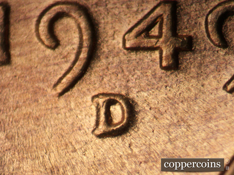 1949 Lincoln cent obverse, CopperCoins die 1949D•1MM•032.