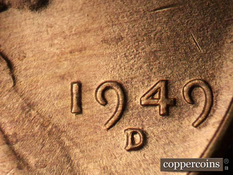 Die-stage B marker on 1949D•1MM•032 (1949 Repunched Mint Mark).