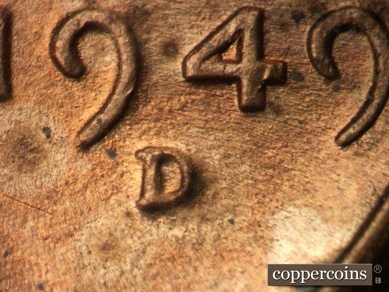 Die-stage C marker on 1949D•1MM•032 (1949 Repunched Mint Mark).