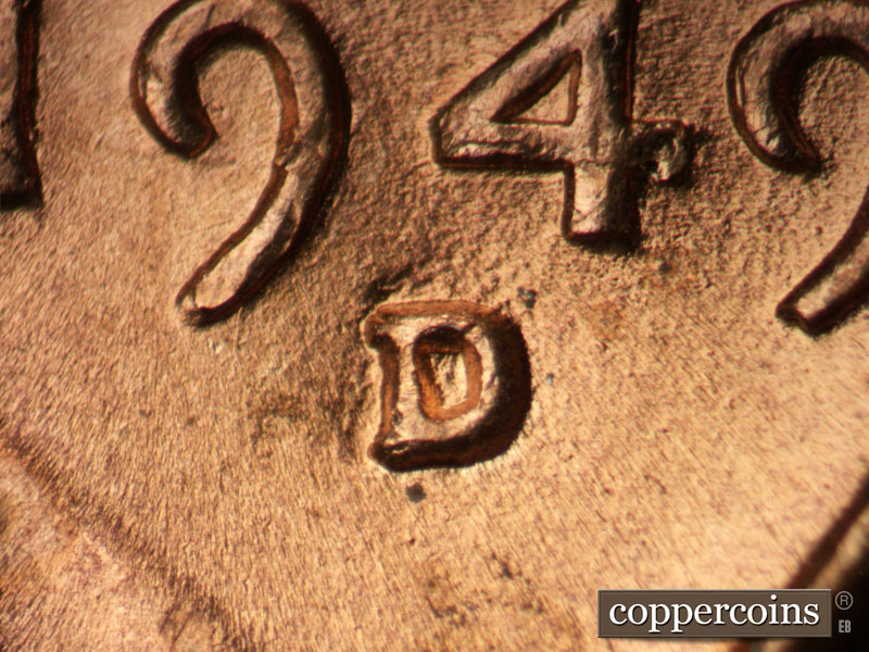 1949 Lincoln cent obverse, CopperCoins die 1949D•1MM•033.