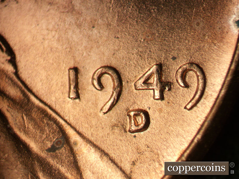 Die-stage B marker on 1949D•1MM•033 (1949 Repunched Mint Mark).