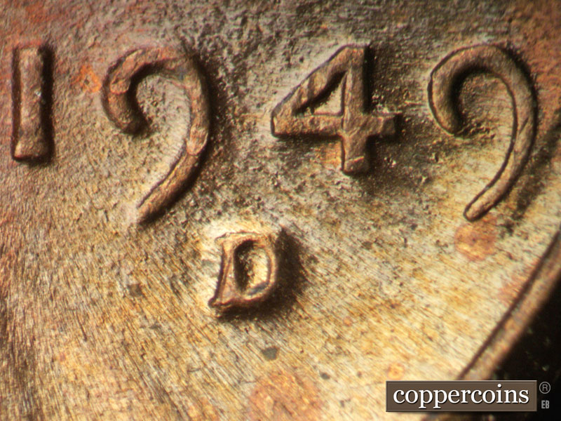 Die-stage C marker on 1949D•1MM•034 (1949 Repunched Mint Mark).