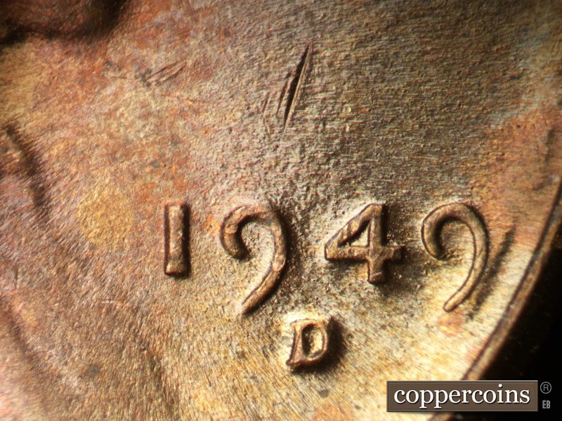 Die-stage C marker on 1949D•1MM•034 (1949 Repunched Mint Mark).
