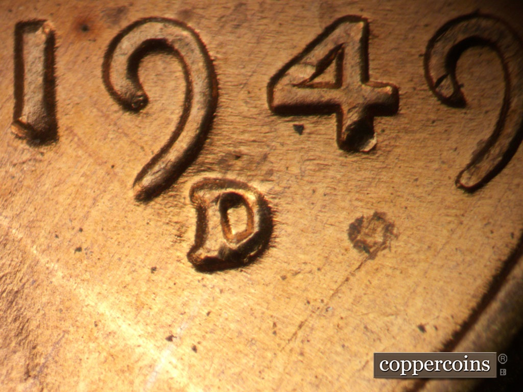 Die-stage B marker on 1949D•1MM•037 showing Closeup of repunched mint mark.