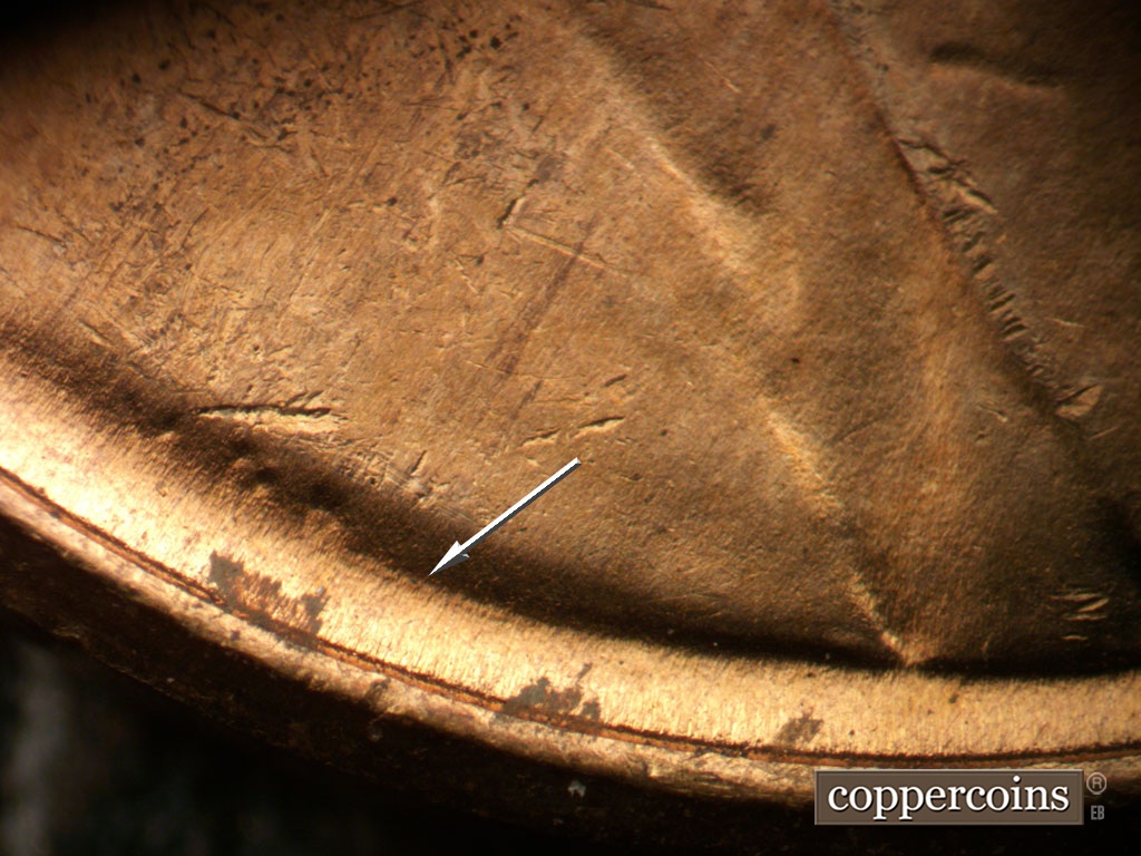 Die-stage B marker on 1949D•1MM•037 showing Die gouge right of VDB.