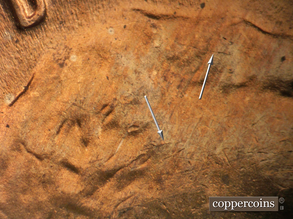 Die-stage B marker on 1949D•1MM•037 showing Die cracks in hair.