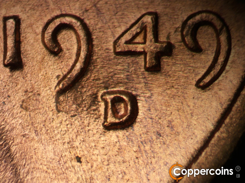 Die-stage B marker on 1949D•1MM•039 showing Closeup of repunched mint mark.