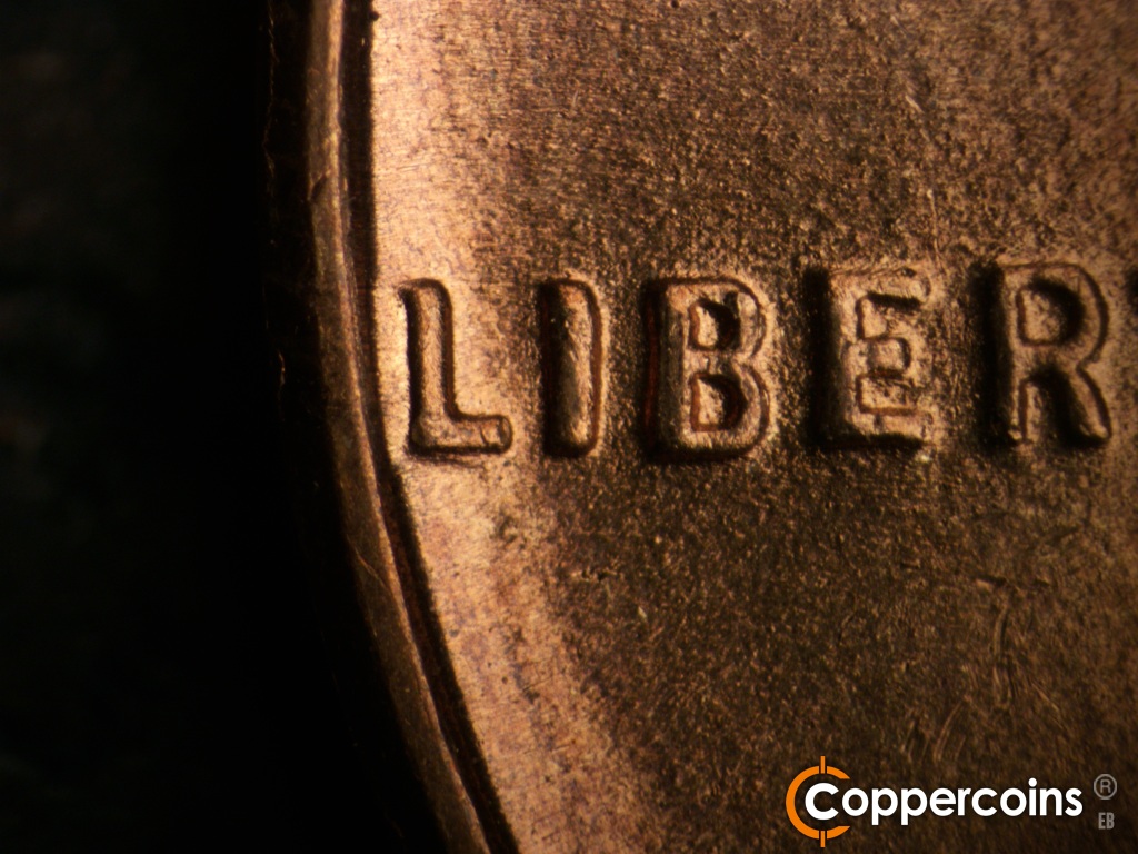 Die-stage B marker on 1949D•1MM•039 showing Die gouge from bottom of L in LIBERTY.