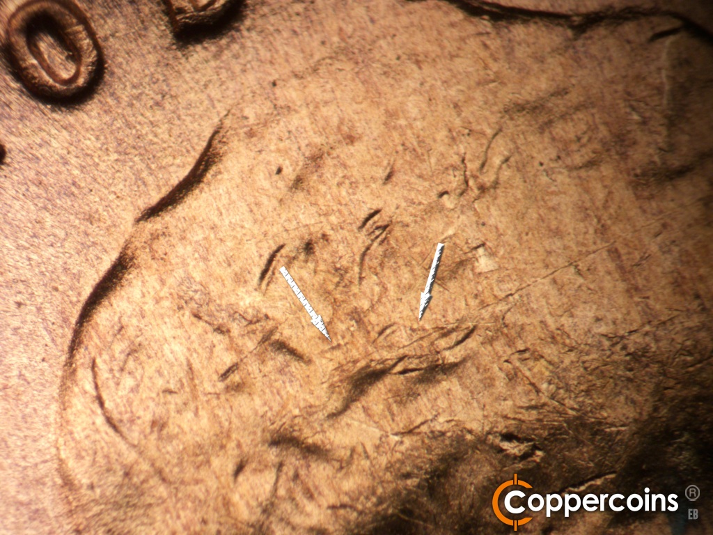 Die-stage B marker on 1949D•1MM•039 showing Die crack forming in hair.