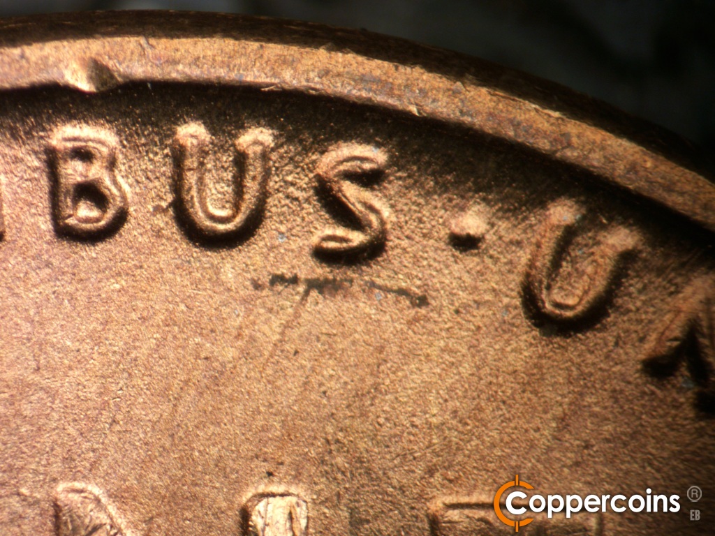 Die-stage B marker on 1949D•1MM•039 showing Doubling seen on BUS in PLURIBUS.