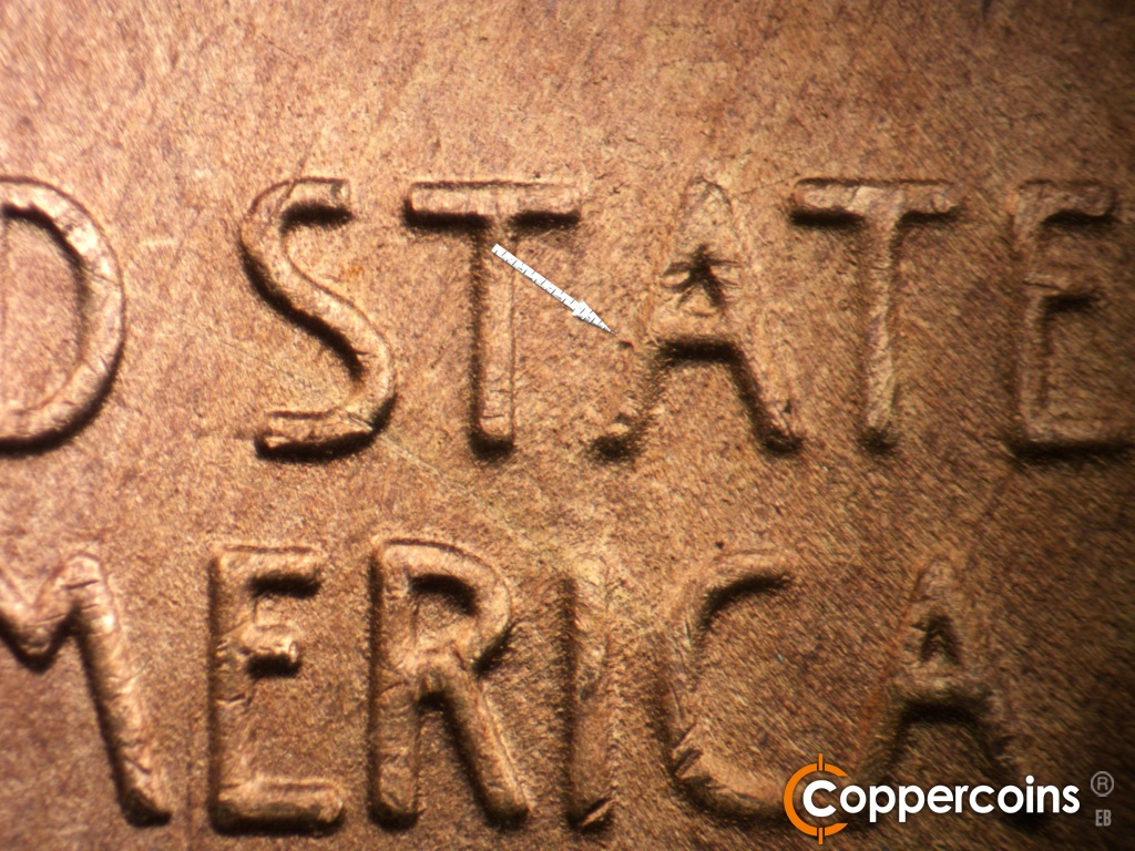 Die-stage B marker on 1949D•1MM•039 showing Die dot near A in STATES.