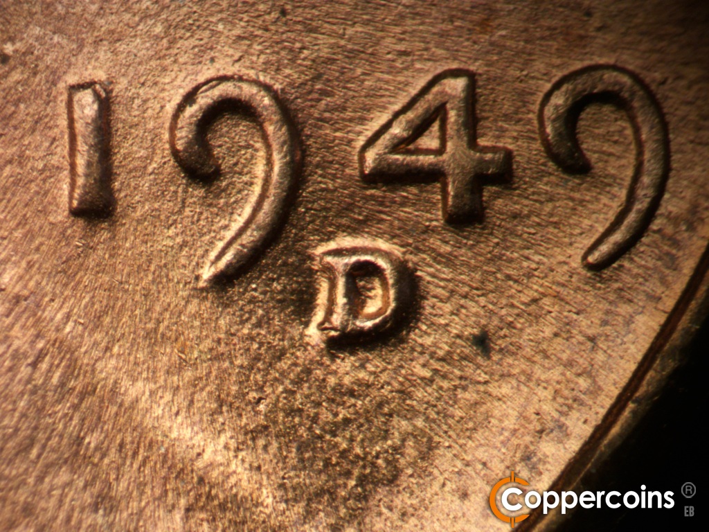 Die-stage B marker on 1949D•1MM•040 showing Closeup of repunched mint mark.