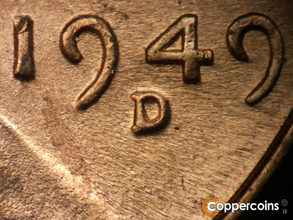Die-stage B marker on 1949D•1MM•041 showing Closeup of repunched mint mark.
