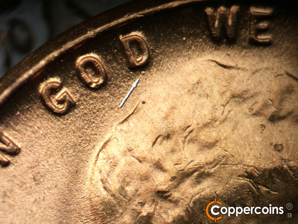 Die-stage B marker on 1949D•1MM•041 showing Die dot under D in GOD.