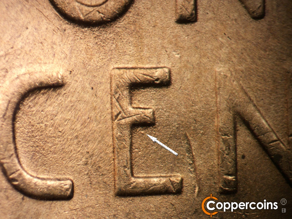 Die-stage B marker on 1949D•1MM•041 showing Die dot in E of CENT.