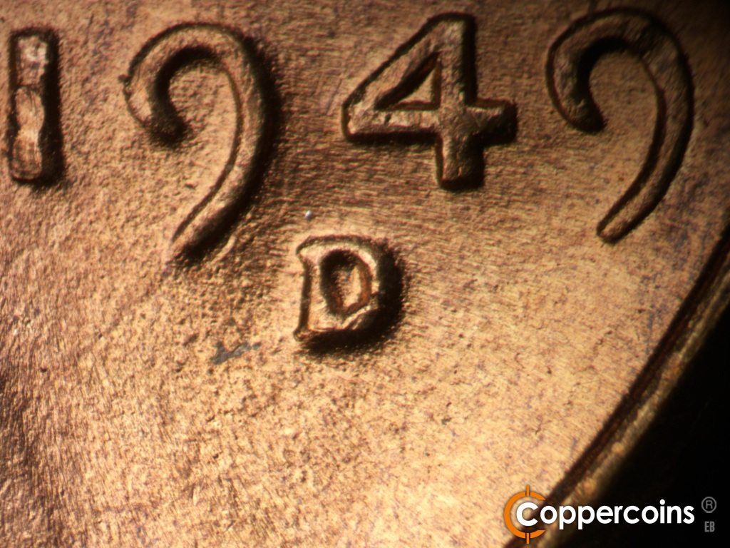 Die-stage C marker on 1949D•1MM•042 showing Closeup of repunched mint mark.
