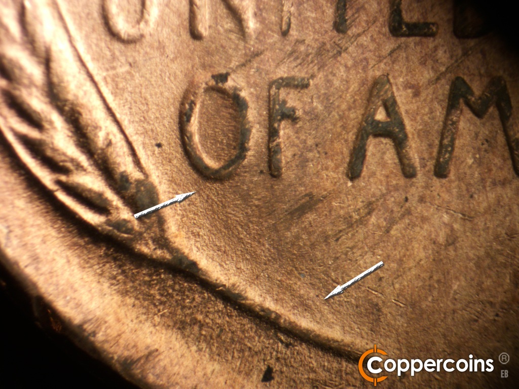 Die-stage C marker on 1949D•1MM•042 showing Light SE die scratch from bottom of O in OF. Worn die clash near left wheat stem.